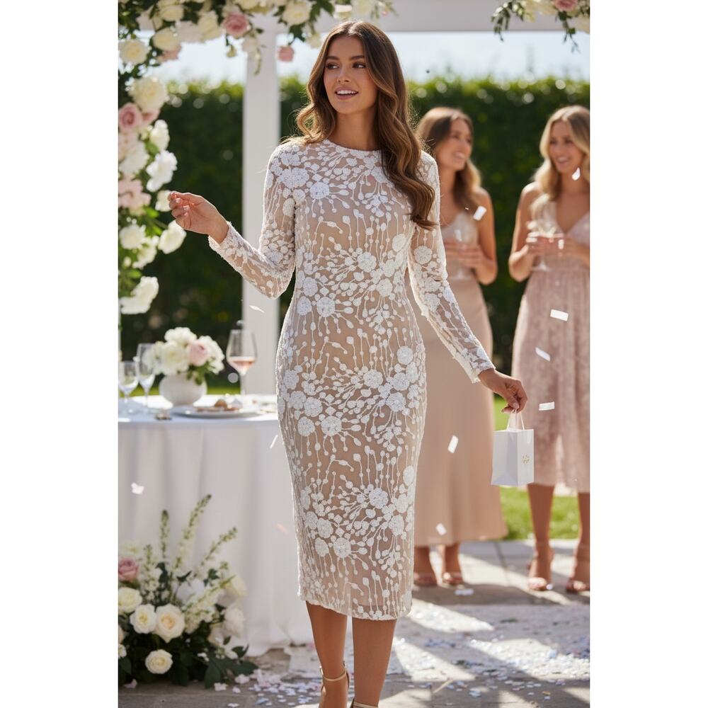 Dress The Population Dress S White Sequin Floral Midi Bridal Wedding Boho Formal - Picture 2 of 16
